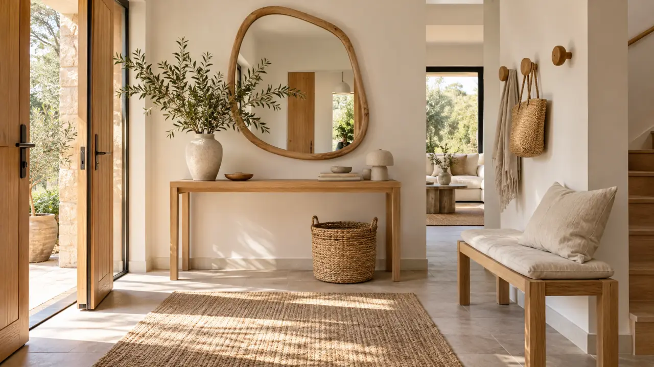 Entrée chaleureuse décorée de lin naturel et de mobilier en chêne