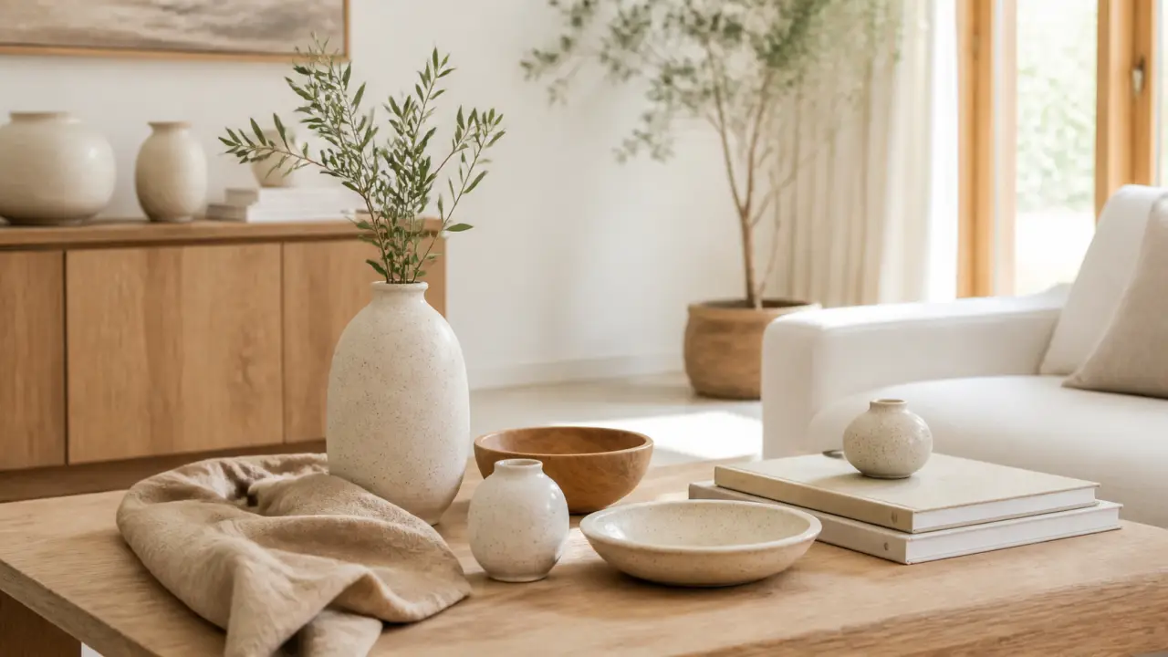 Coin salon naturel avec bois, lin et céramique artisanale