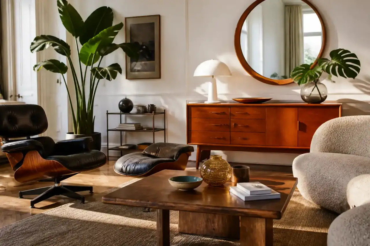 Salon chaleureux avec buffet vintage en bois, coussins en lin naturel et céramiques artisanales