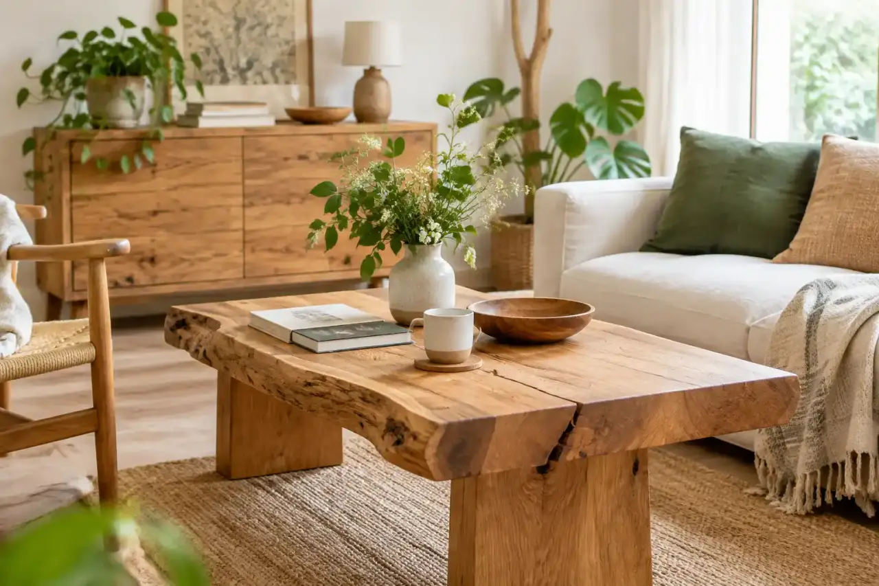 Table et accessoires en bois brut dans un intérieur naturel et chaleureux