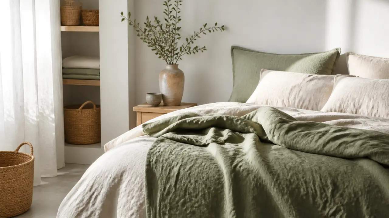 Coin salon avec linge naturel, lumière douce et matières brutes