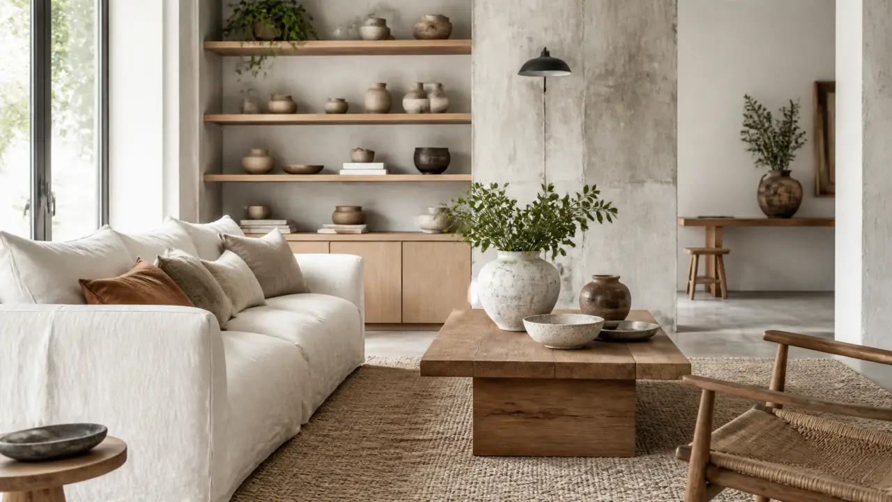Séjour transformé avec bois brut, céramique artisanale et lumière douce