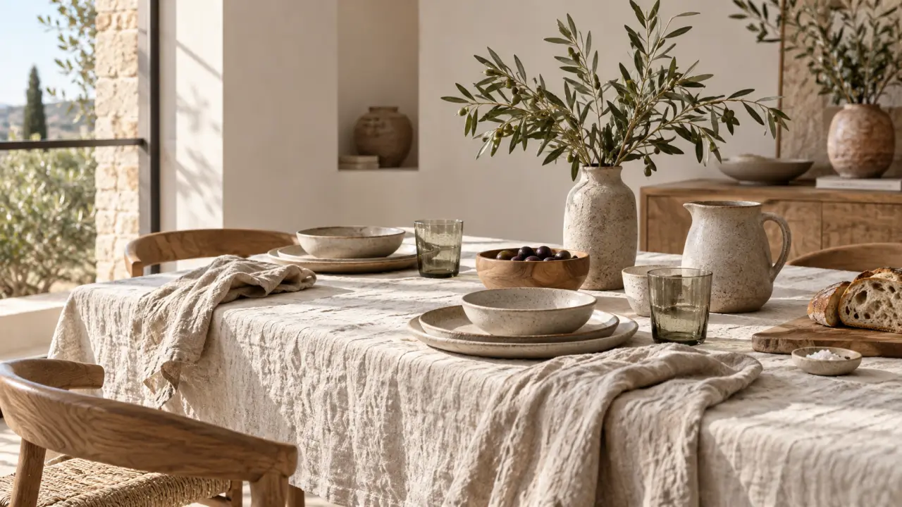 Table décorée avec du linge en lin lavé et des pièces de céramique brute artisanale