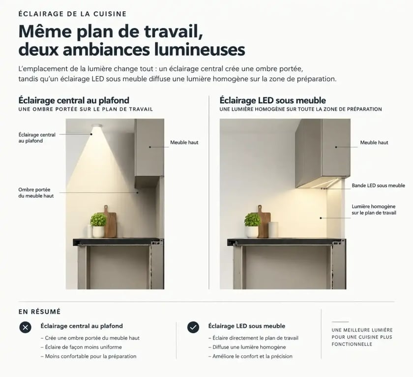 Schéma comparatif de l'éclairage plan de travail cuisine : éclairage plafond vs éclairage sous meuble