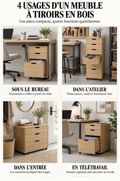 Meuble à tiroirs en bois selon les pièces et les usages