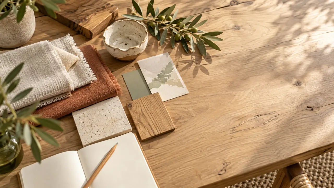 Objets de décoration artisanale en céramique, lin et bois naturel dans un intérieur lumineux