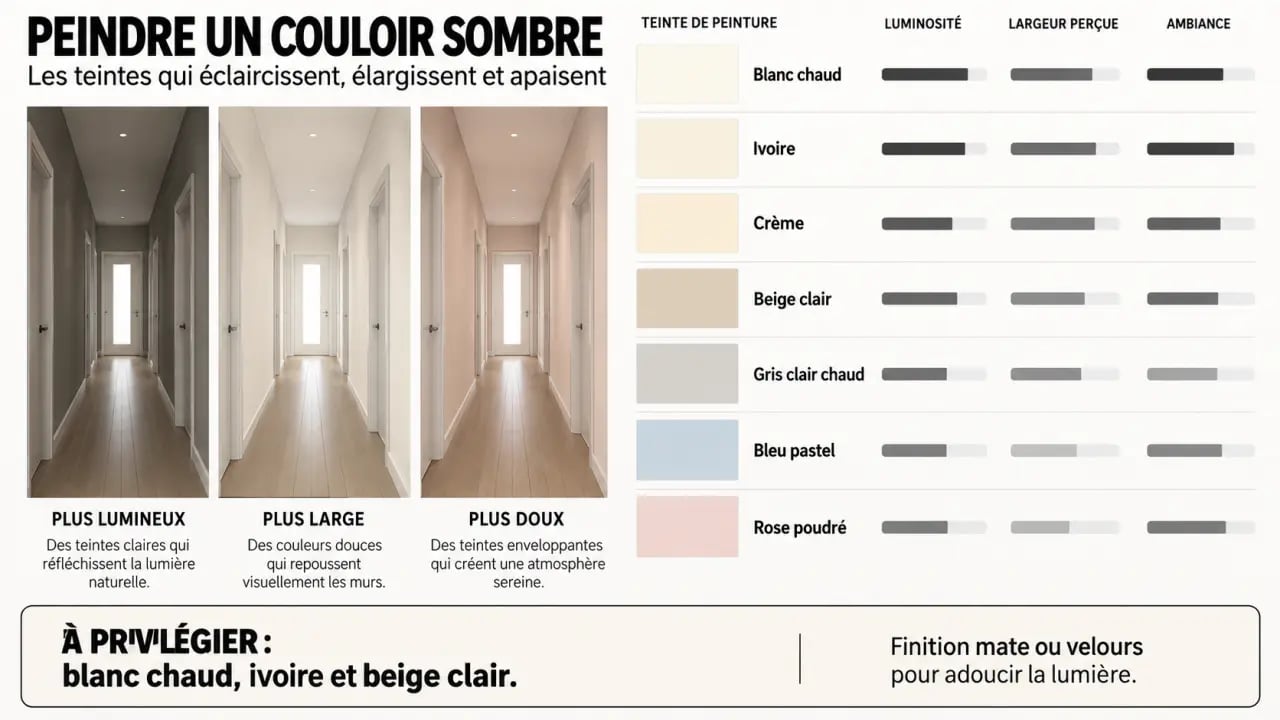 Infographie sur les couleurs de peinture pour couloir sombre et leurs effets visuels