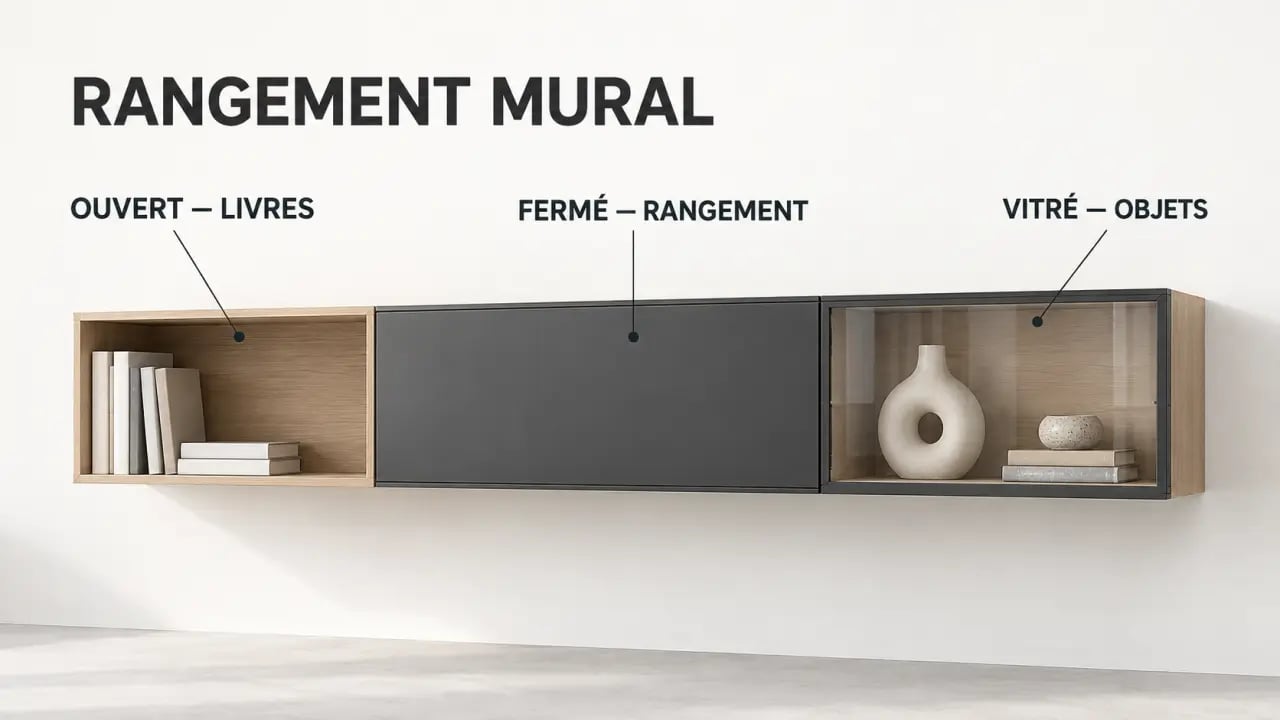 Meuble de rangement mural suspendu avec modules ouverts, fermés et vitrés