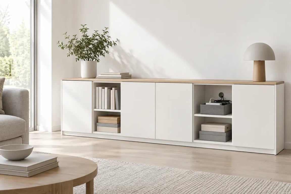 Meuble de rangement blanc bas dans un salon avec rangements fermés et niches ouvertes