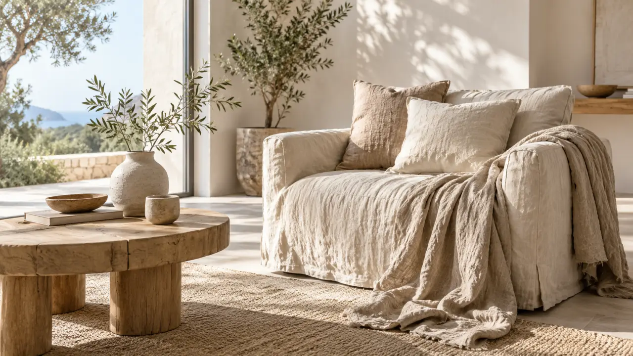 Chambre lumineuse décorée avec du linge en lin froissé naturel