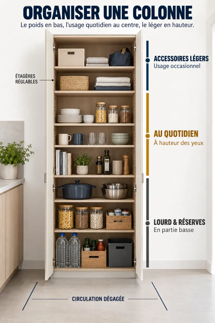 Infographie sur l’organisation d’un meuble rangement colonne selon la fréquence et le poids des objets