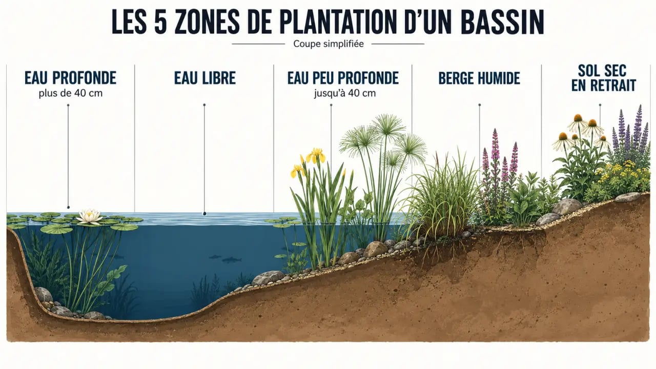Idée aménagement bassin extérieur selon les zones de plantation