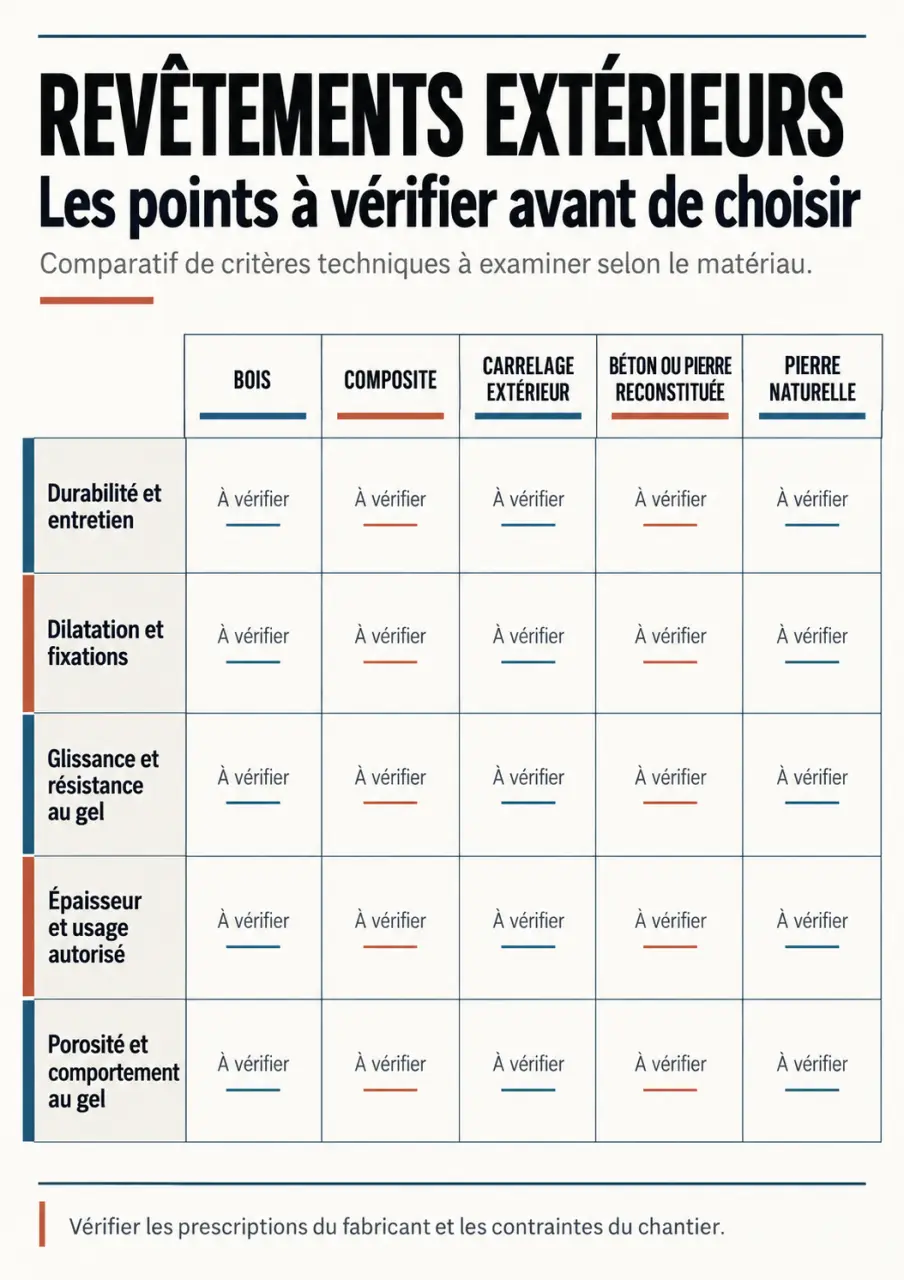 Catalogue aménagement extérieur : comparaison des matériaux de terrasse et de leurs critères de vérification