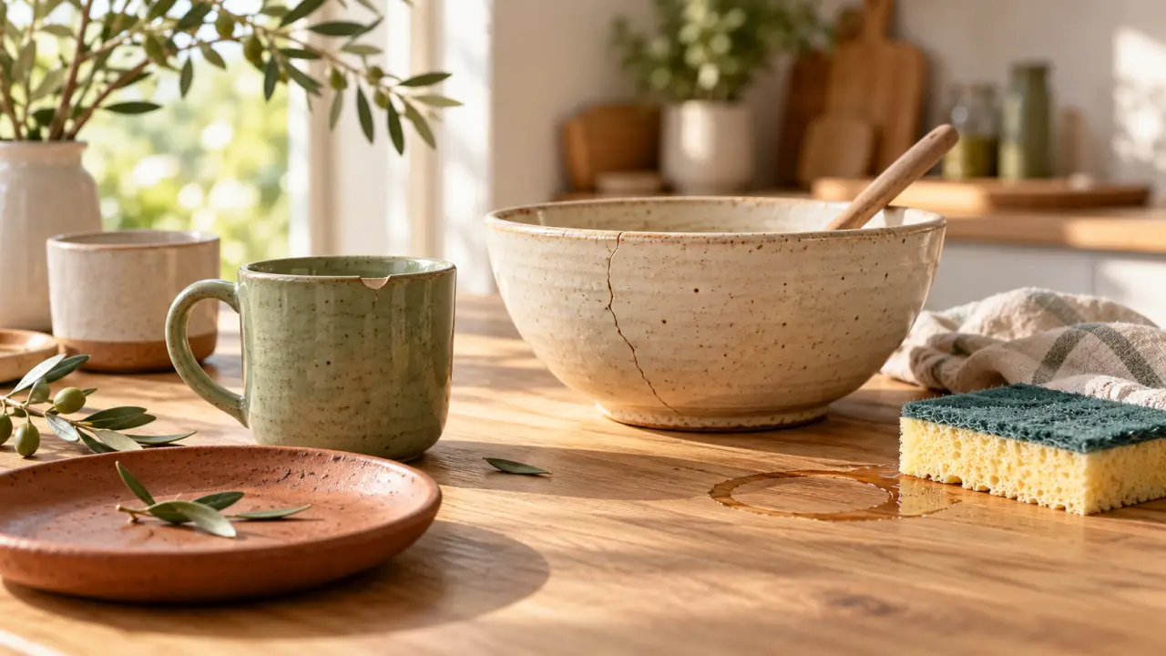 Vaisselle et vase en céramique artisanale disposés sur une table en bois clair
