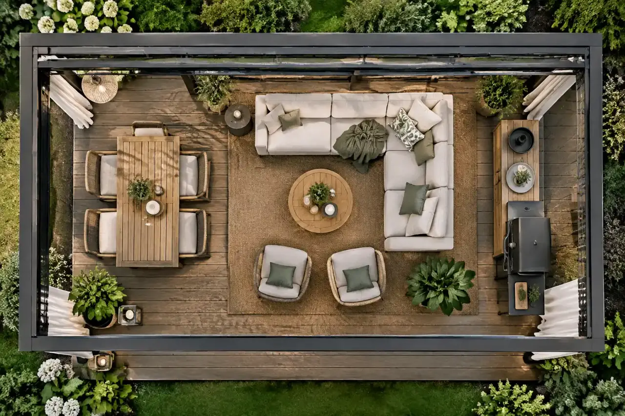 Une pergola extérieure devient un vrai salon quand chaque zone reste fluide