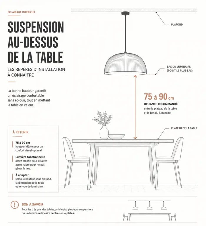 Schéma de la hauteur idéale d'une suspension salle à manger au-dessus de la table