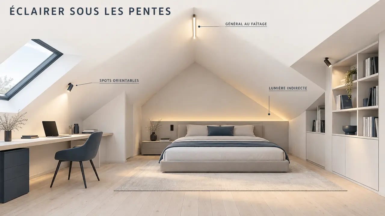 Exemple de luminaire plafond rampant avec éclairage général, spots orientables et lumière indirecte