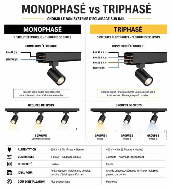 Comparatif technique des systèmes d'éclairage sur rail monophasé et triphasé pour spots sur rail.