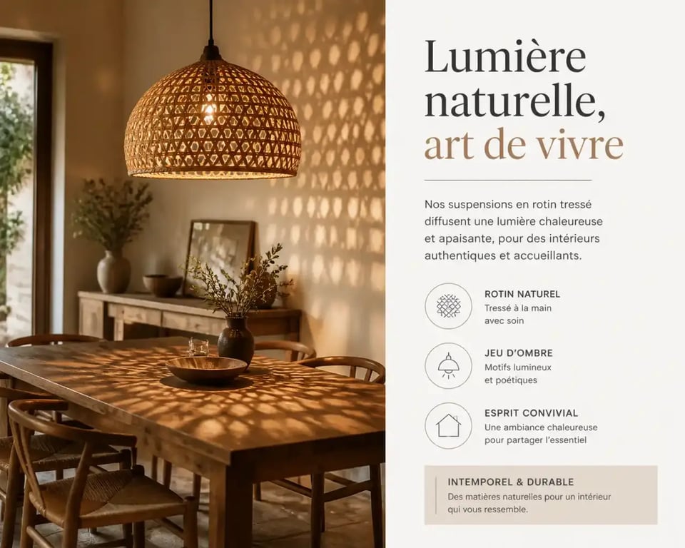 Suspension salle à manger en rotin diffusant une lumière tamisée au-dessus d'une table en bois