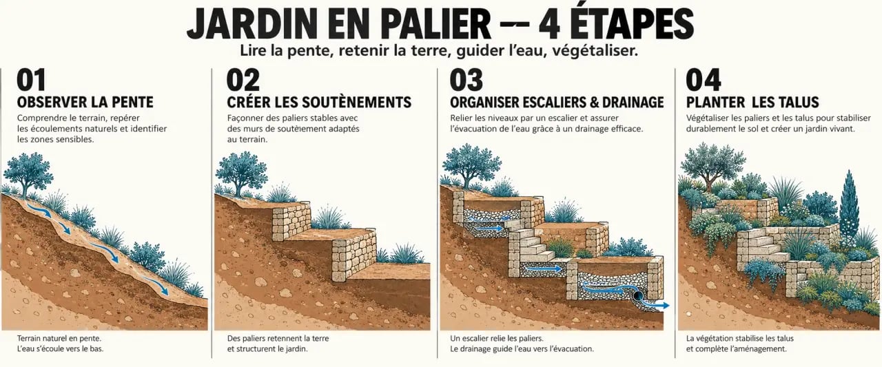 Illustration des étapes pour aménager un jardin en palier avec soutènements, drainage et plantations
