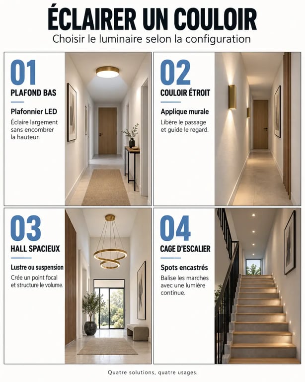 Infographie comparative pour choisir un lustre couloir, un plafonnier, une applique ou des spots selon la configuration
