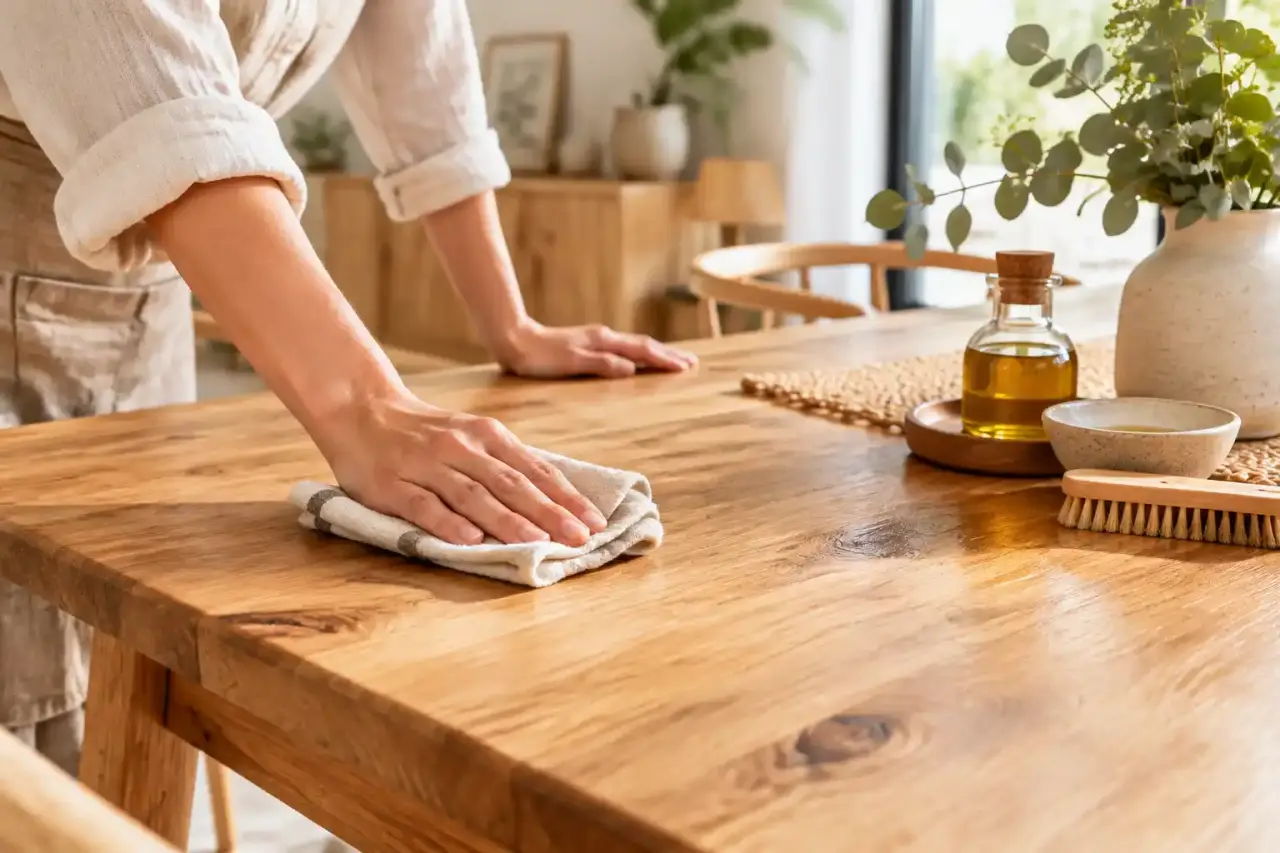 Table en bois naturel décorée avec de la vaisselle artisanale et du linge en lin