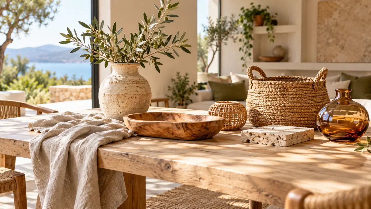 Intérieur chaleureux décoré avec des matières naturelles et des objets artisanaux