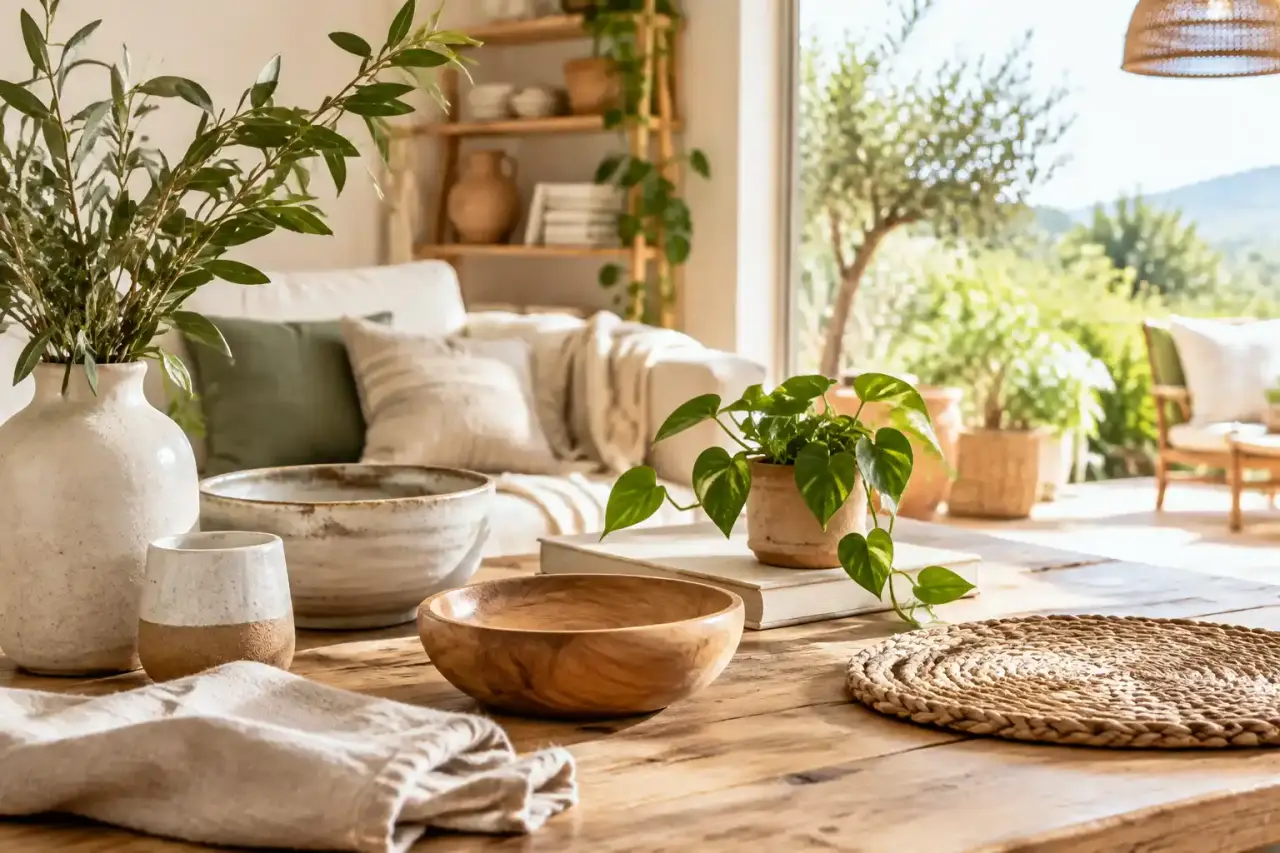 Intérieur chaleureux et naturel avec de la céramique et des textiles en lin