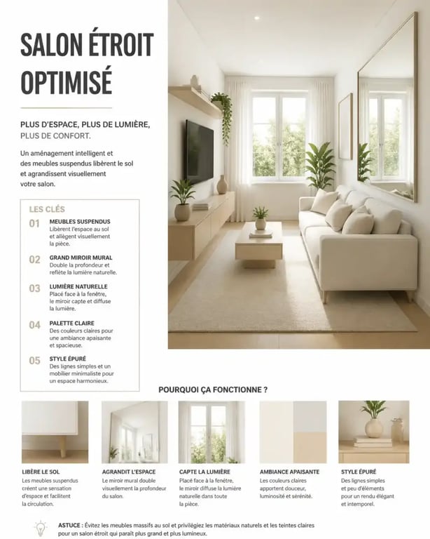 Astuces pour agrandir un petit salon en longueur avec miroirs et meubles suspendus