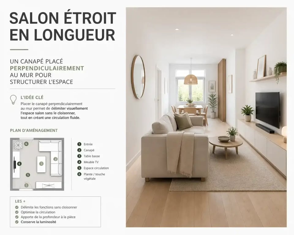 Aménagement d'un petit salon en longueur avec canapé perpendiculaire