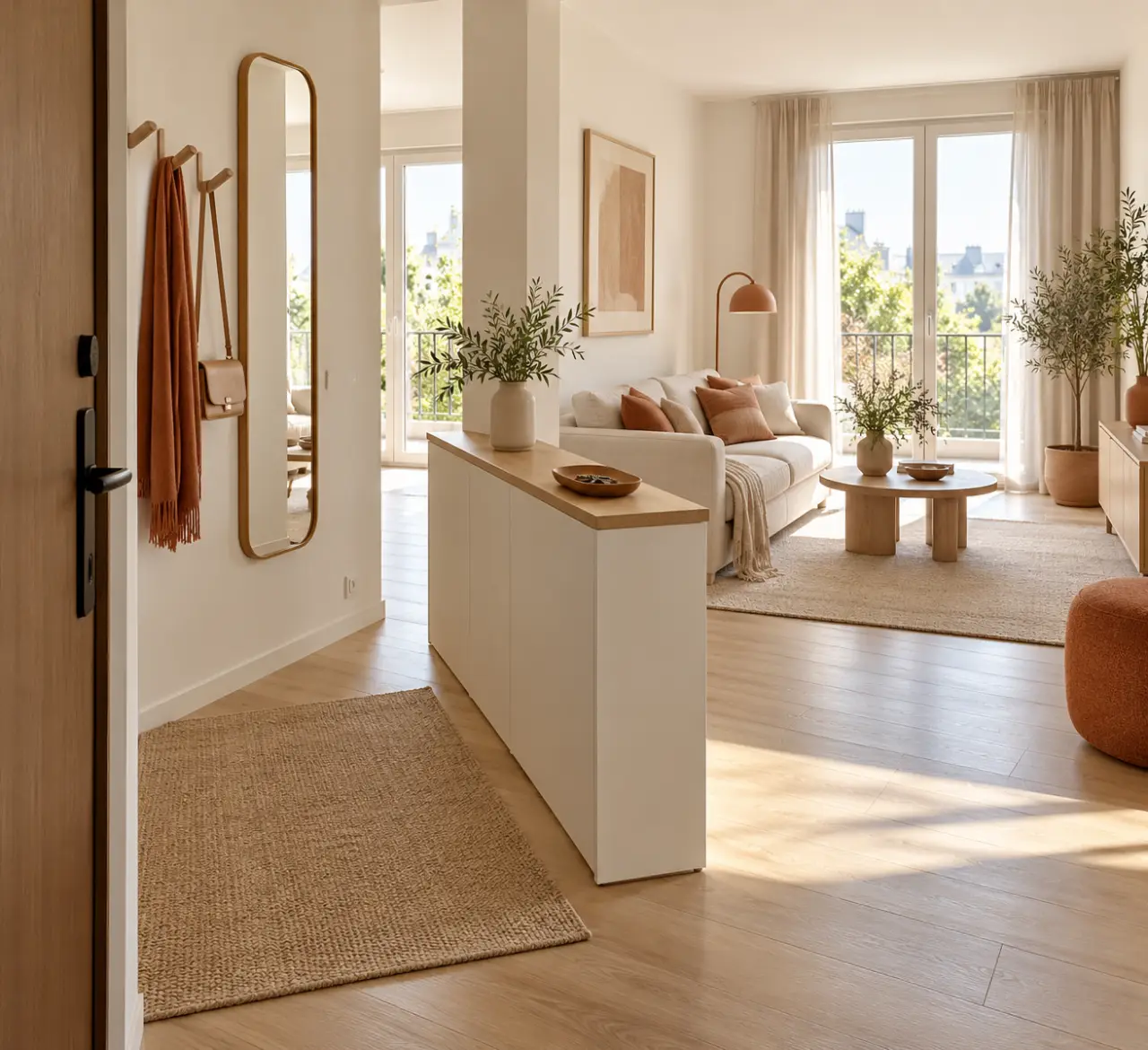Idée de séparation entre l’entrée et le salon avec meuble bas, tapis et rangement