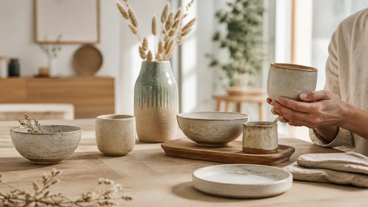 Objet en céramique artisanale aux nuances naturelles dans un intérieur chaleureux