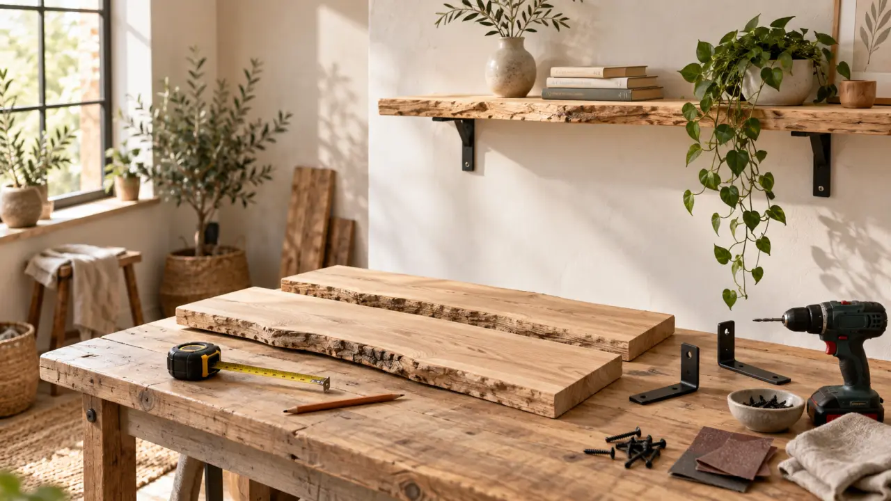 Étagère murale en bois brut décorée avec une céramique artisanale et du linge en lin