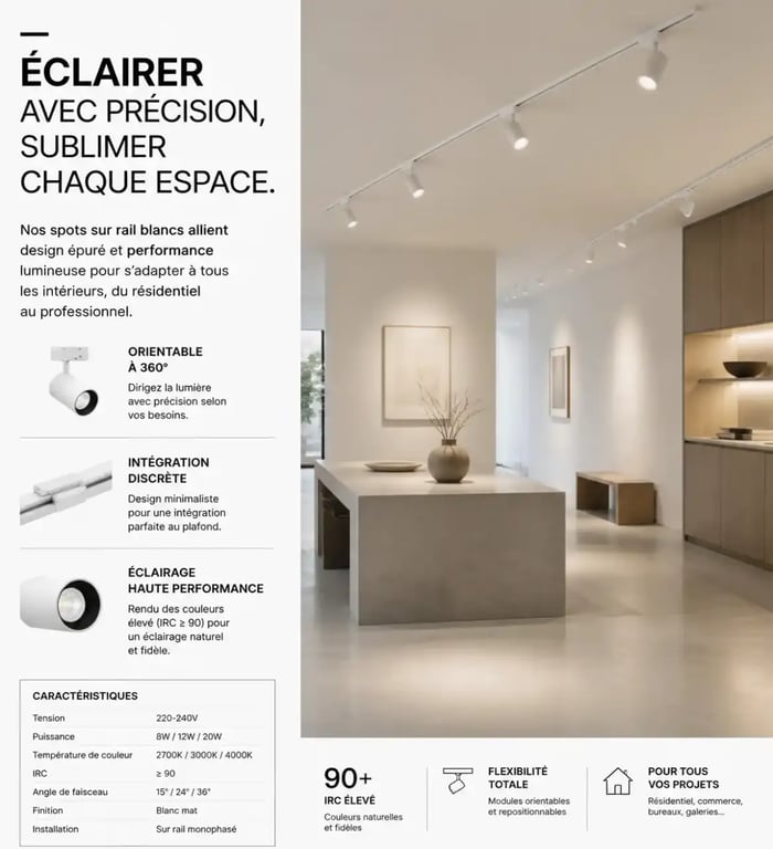 Installation esthétique de spots sur rail blancs dans un intérieur moderne.