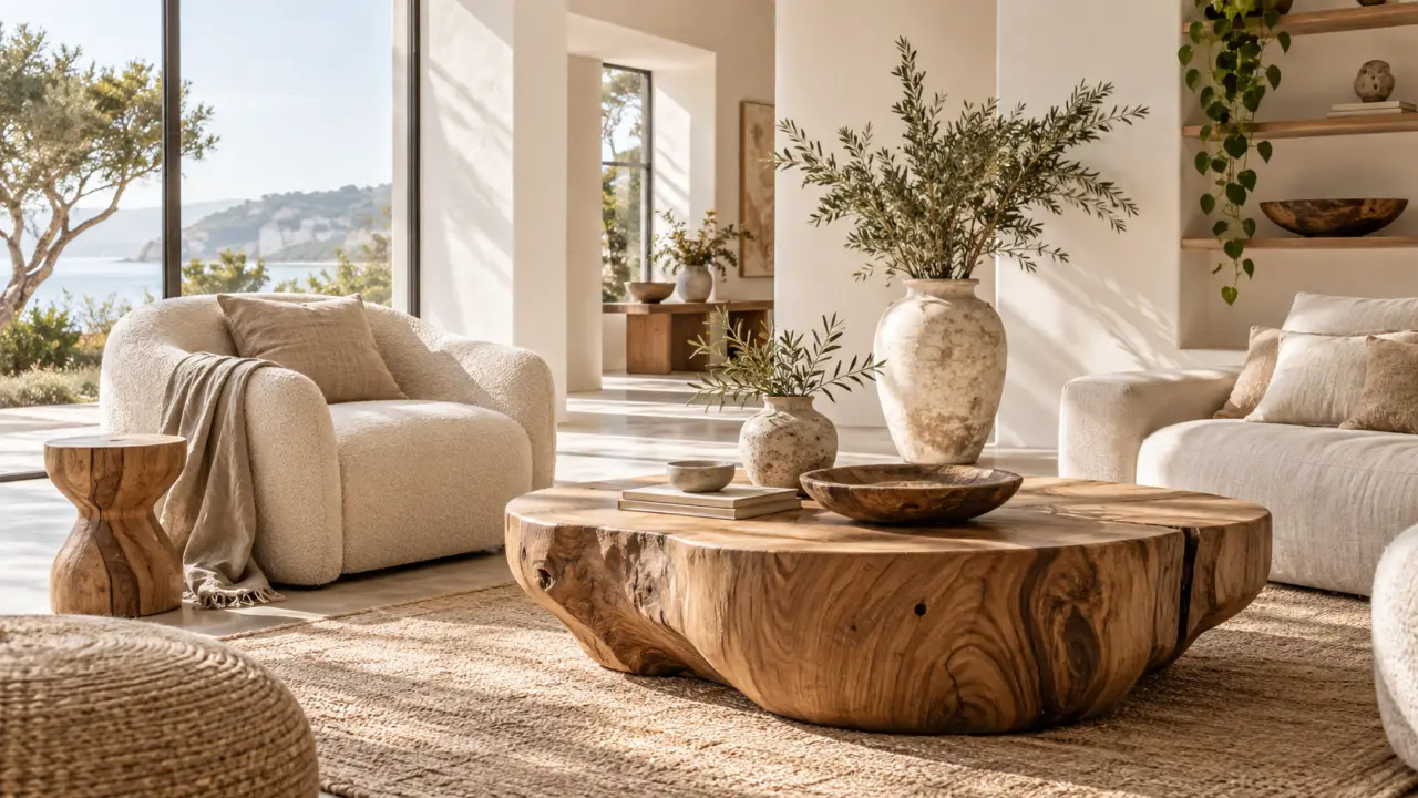 Salon lumineux décoré avec du bois brut, des matières naturelles et des formes sculptées