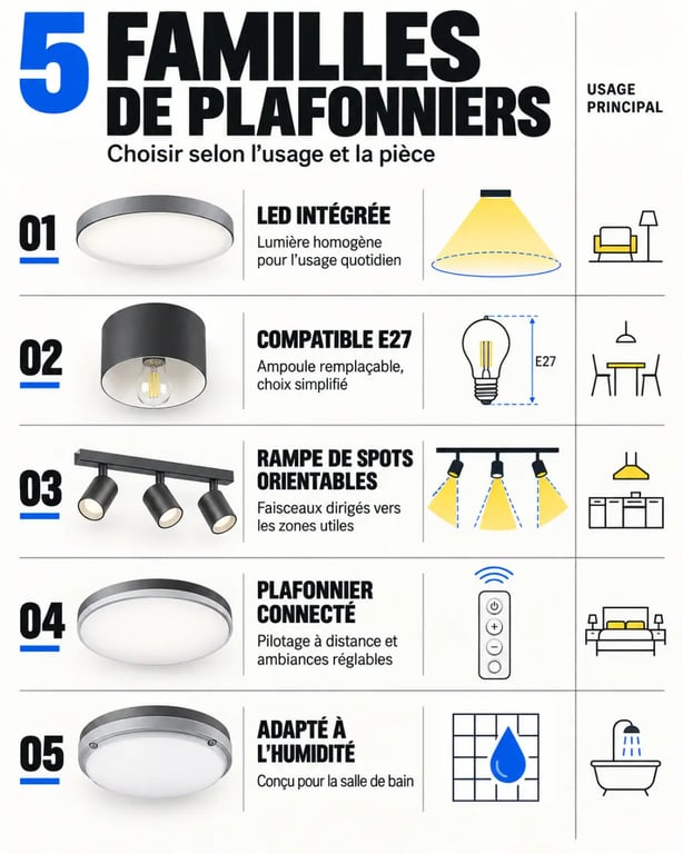 Infographie comparative des types de luminaire plafonnier LED, E27, spots, connecté et salle de bain