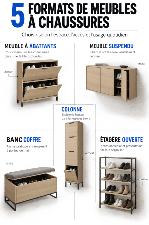 Infographie des formats de meubles à chaussures design pour petite entrée, couloir et famille