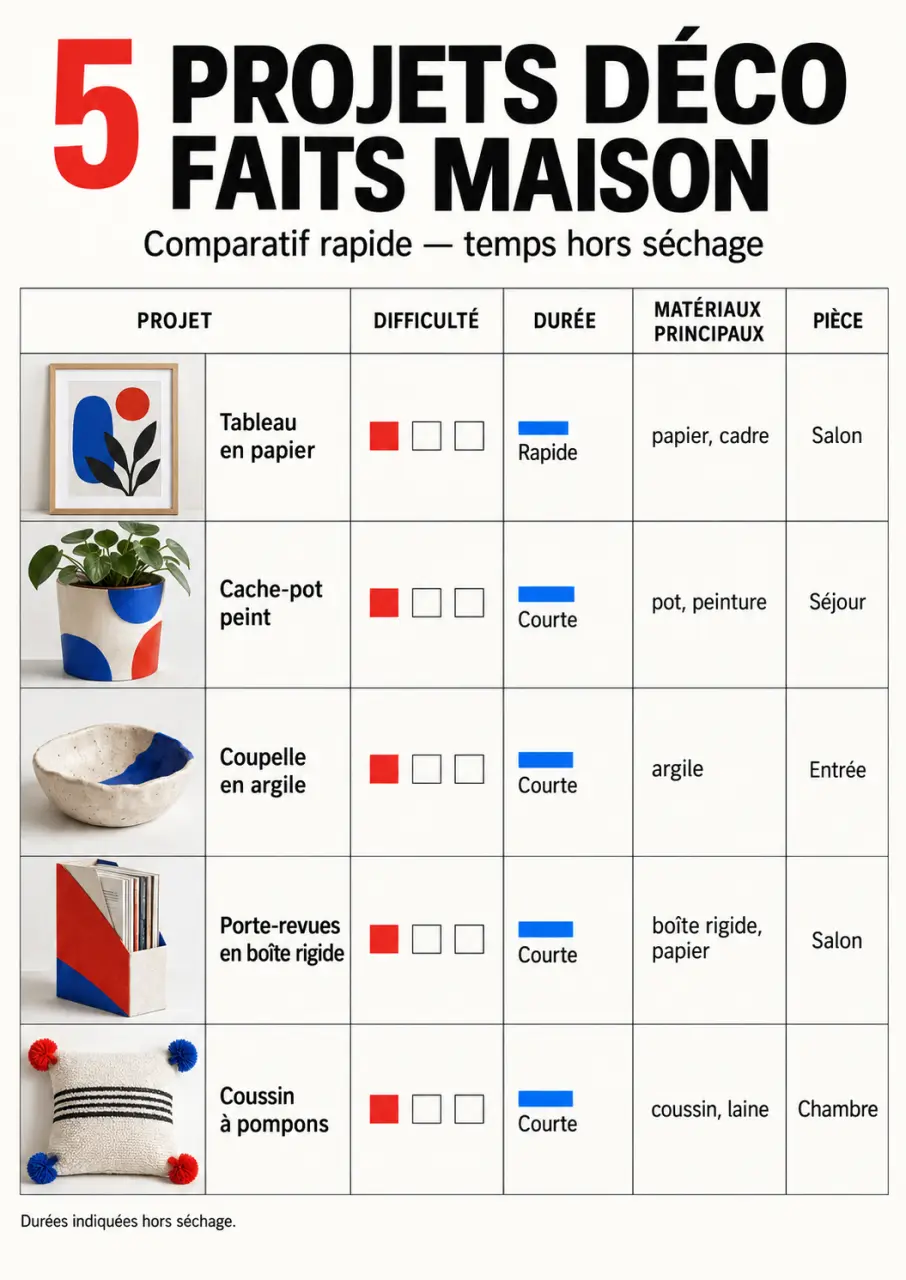 Infographie des projets de déco fait maison facile avec difficulté, durée et matériel
