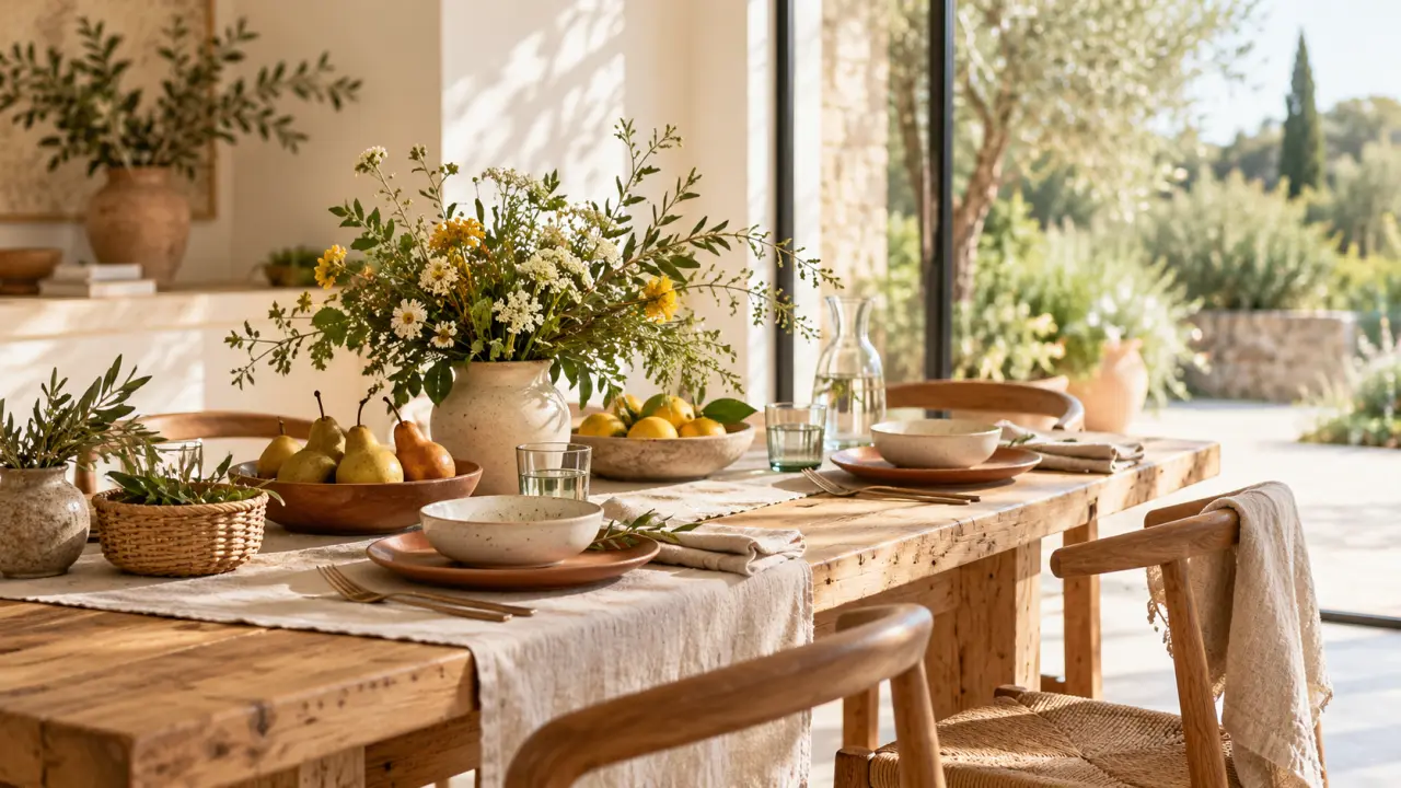 Table naturelle dressée avec de la céramique, du lin et des éléments végétaux de saison