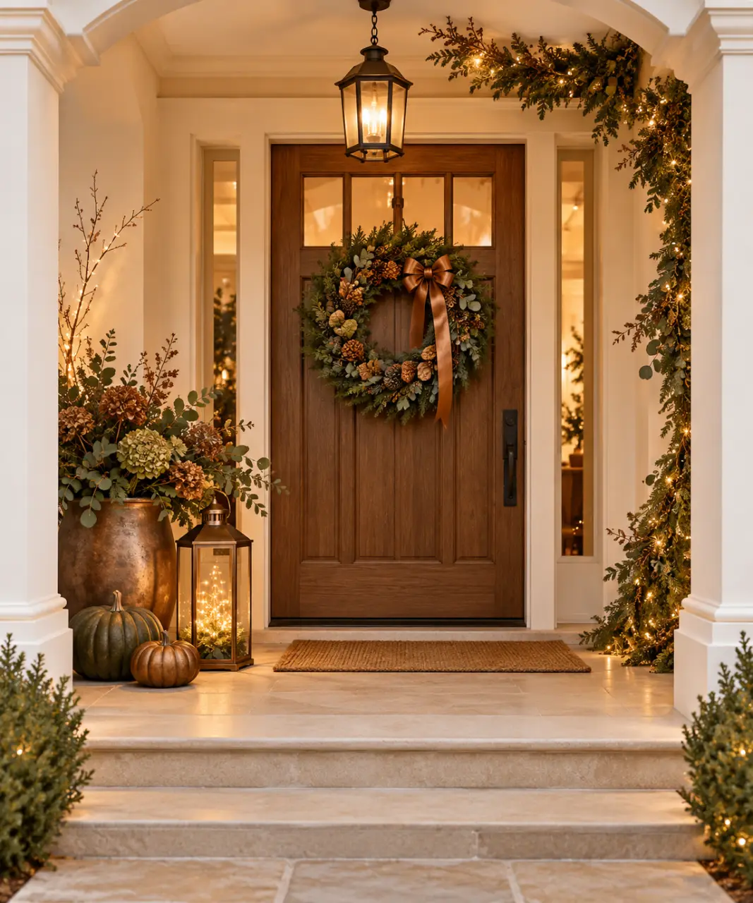 Décoration automne d'une entrée avec couronne, lanterne et guirlande LED