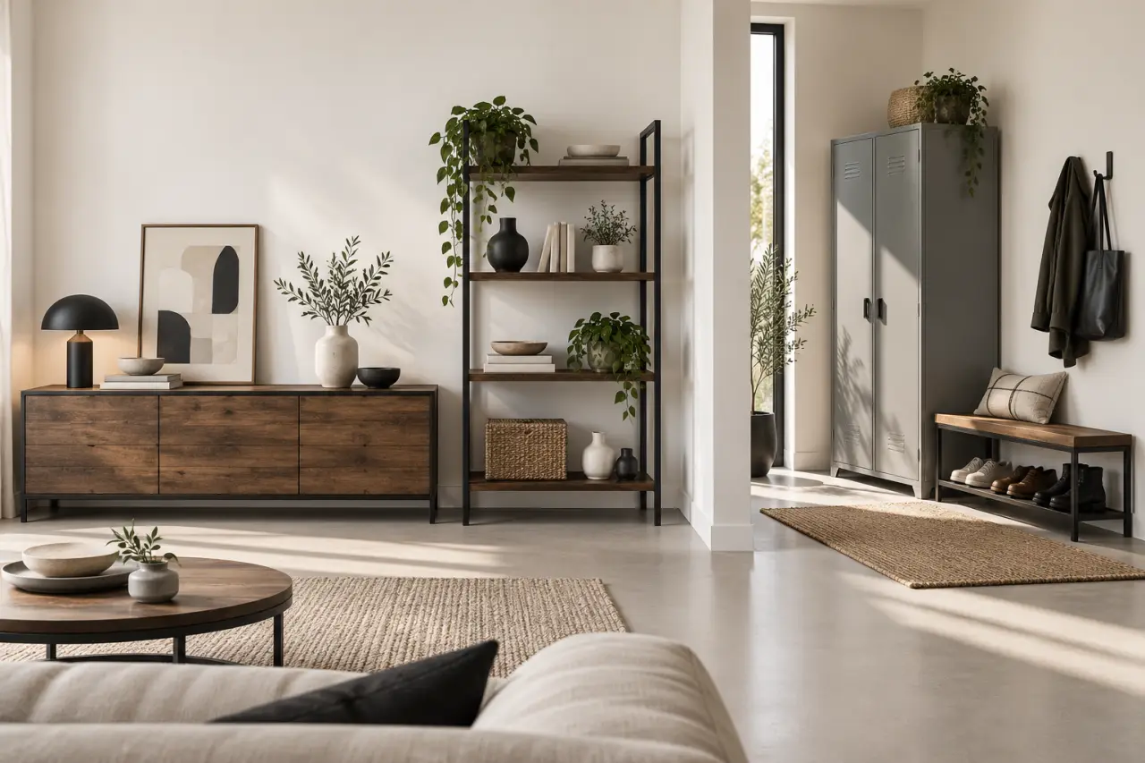 Meuble de rangement industriel en bois et métal dans un intérieur avec buffet, étagère, armoire et banc à chaussures