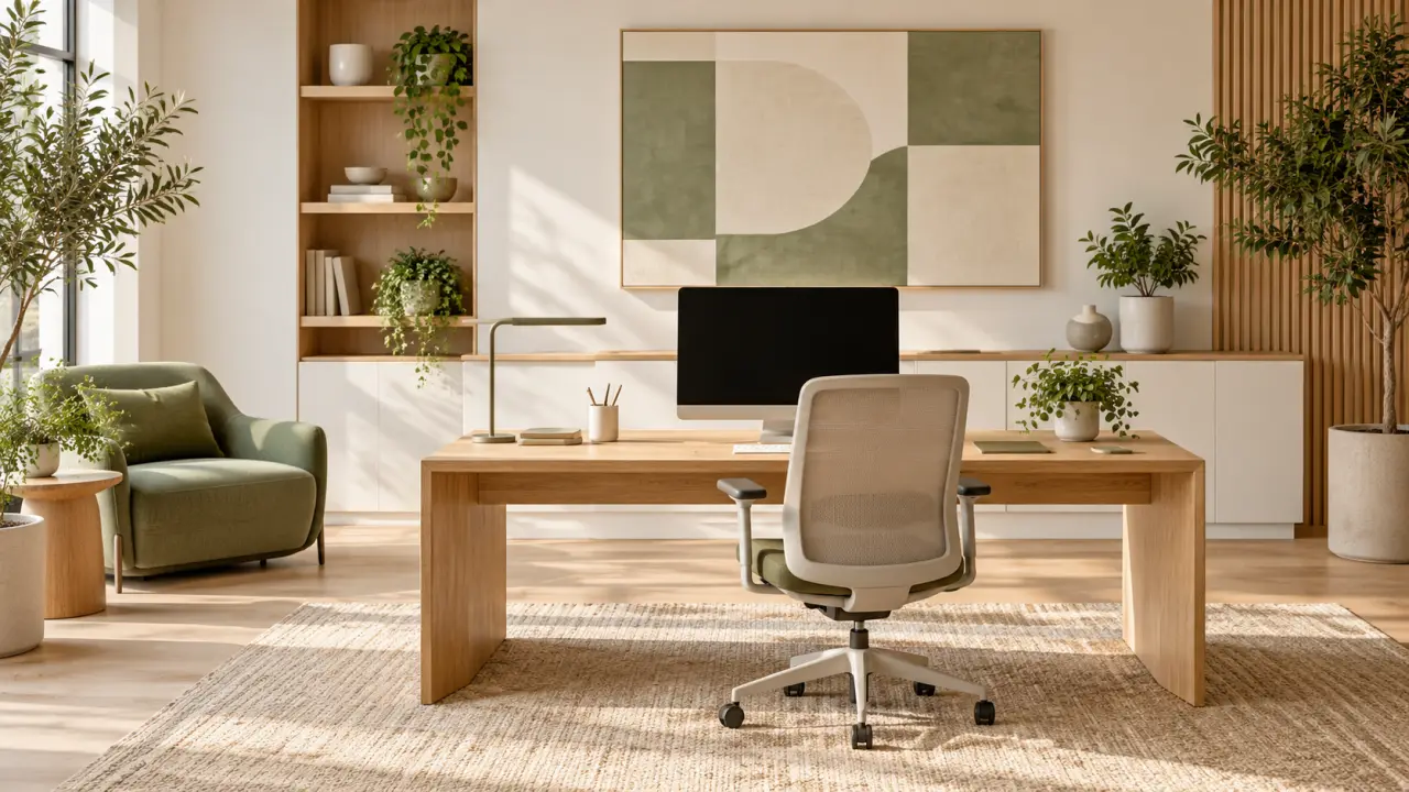 Déco pour bureau professionnel avec palette cohérente, rangements et tableau mural
