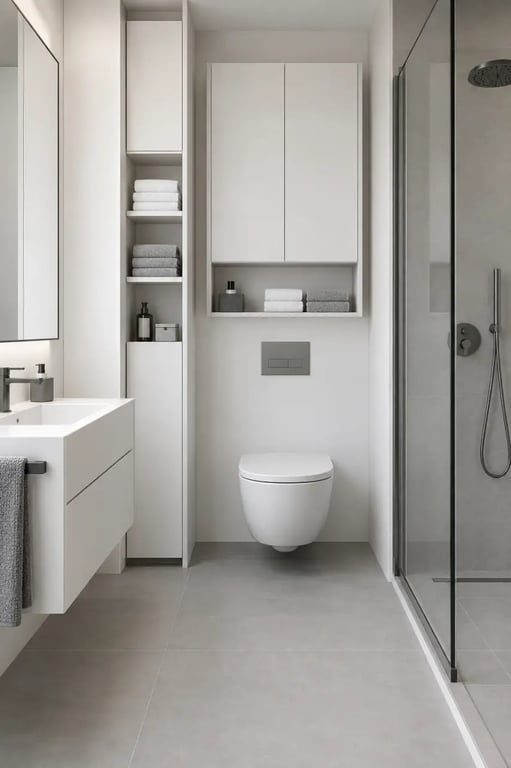 Meuble de rangement blanc colonne et mural dans une petite salle de bain