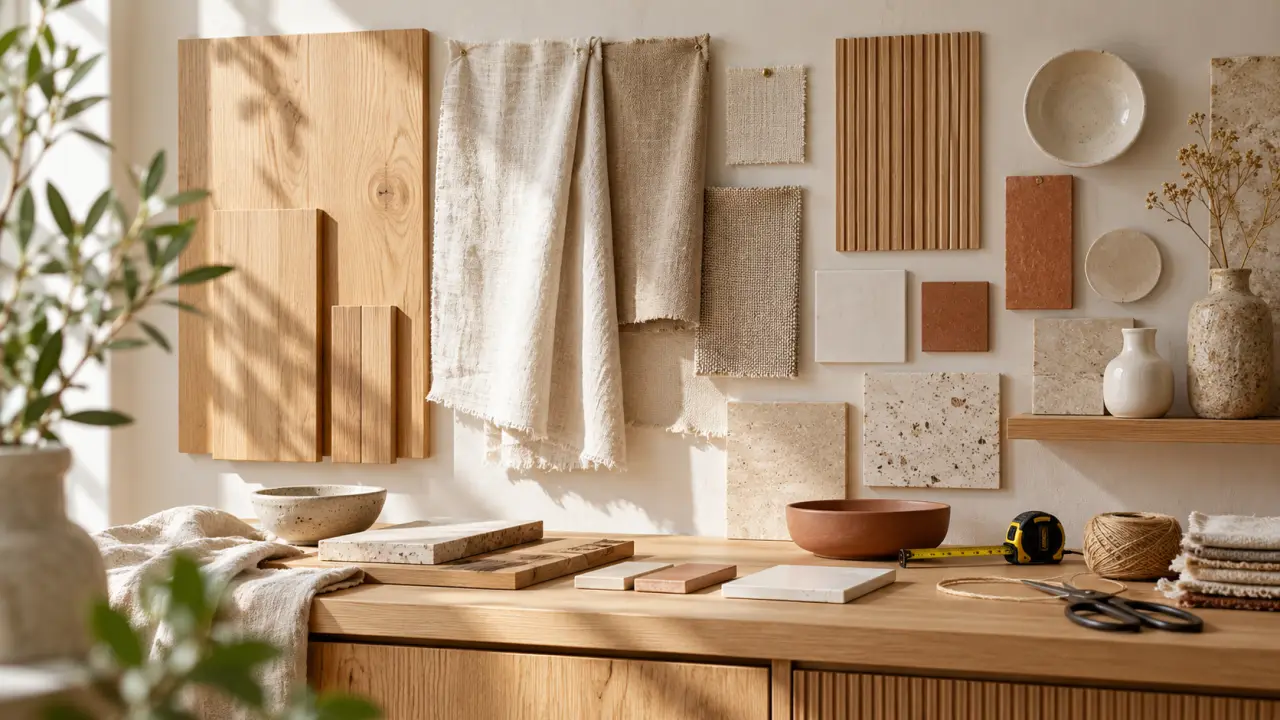 Mur décoratif associant bois naturel, textiles en lin et pièces de céramique artisanale