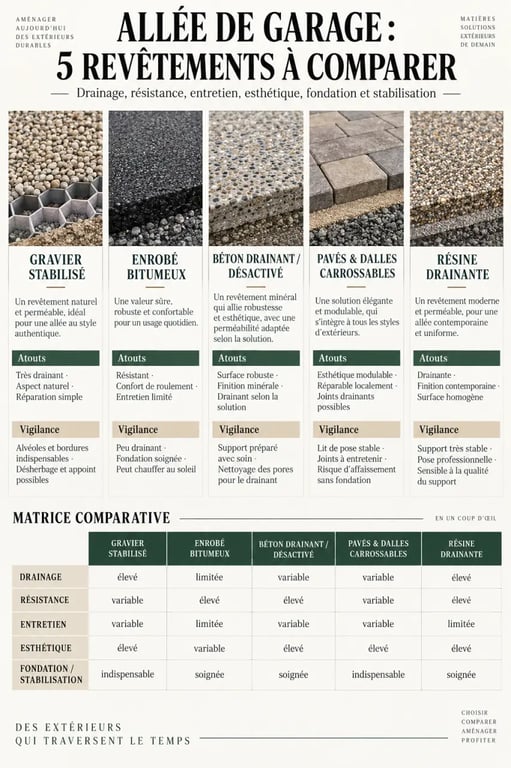 Infographie comparative pour l’aménagement d allée de garage selon le revêtement choisi