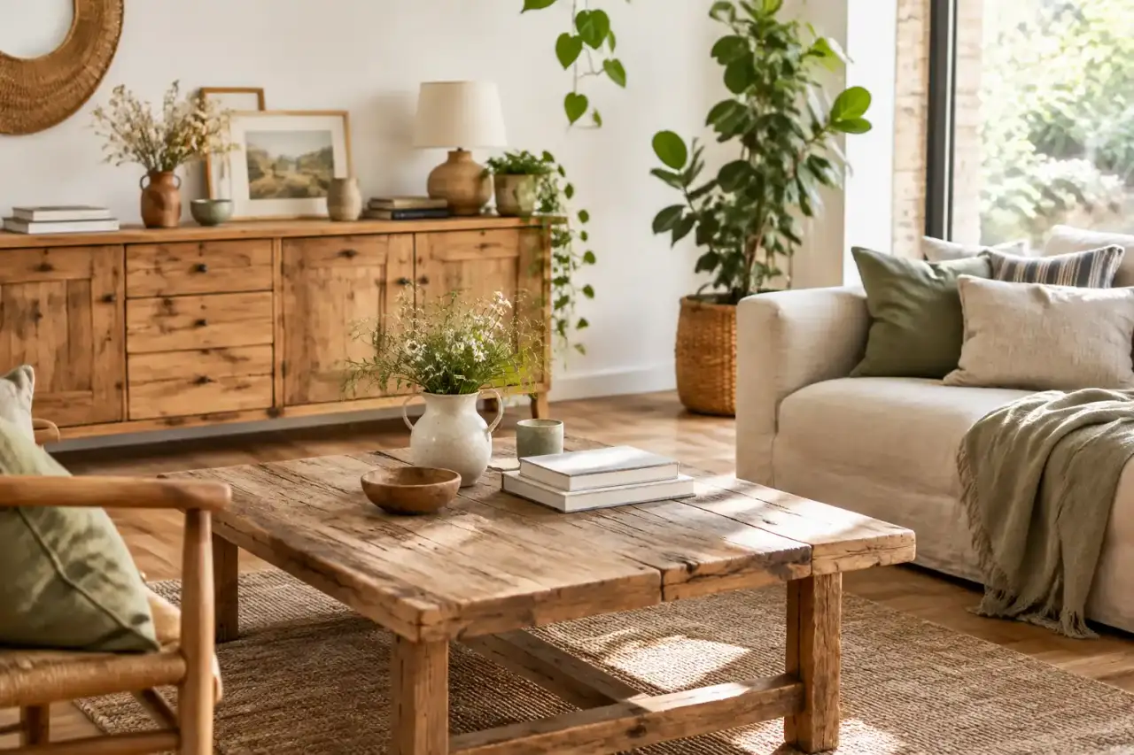 Intérieur chaleureux décoré avec des meubles et objets en bois chiné