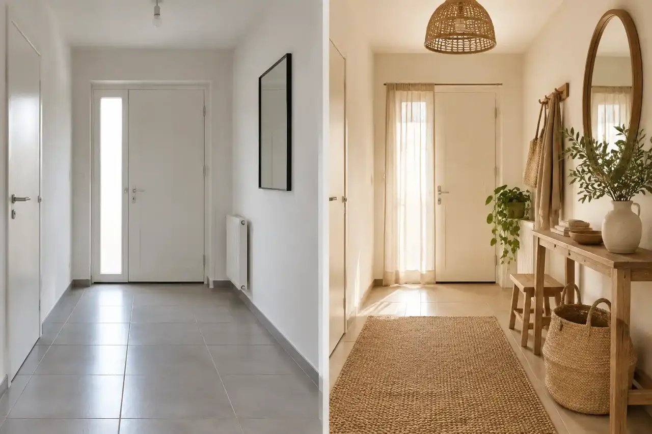 Entrée chaleureuse décorée avec des éléments en lin naturel, du bois et une céramique artisanale