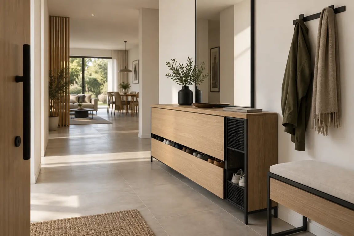 Meuble à chaussures design dans une entrée contemporaine avec circulation dégagée