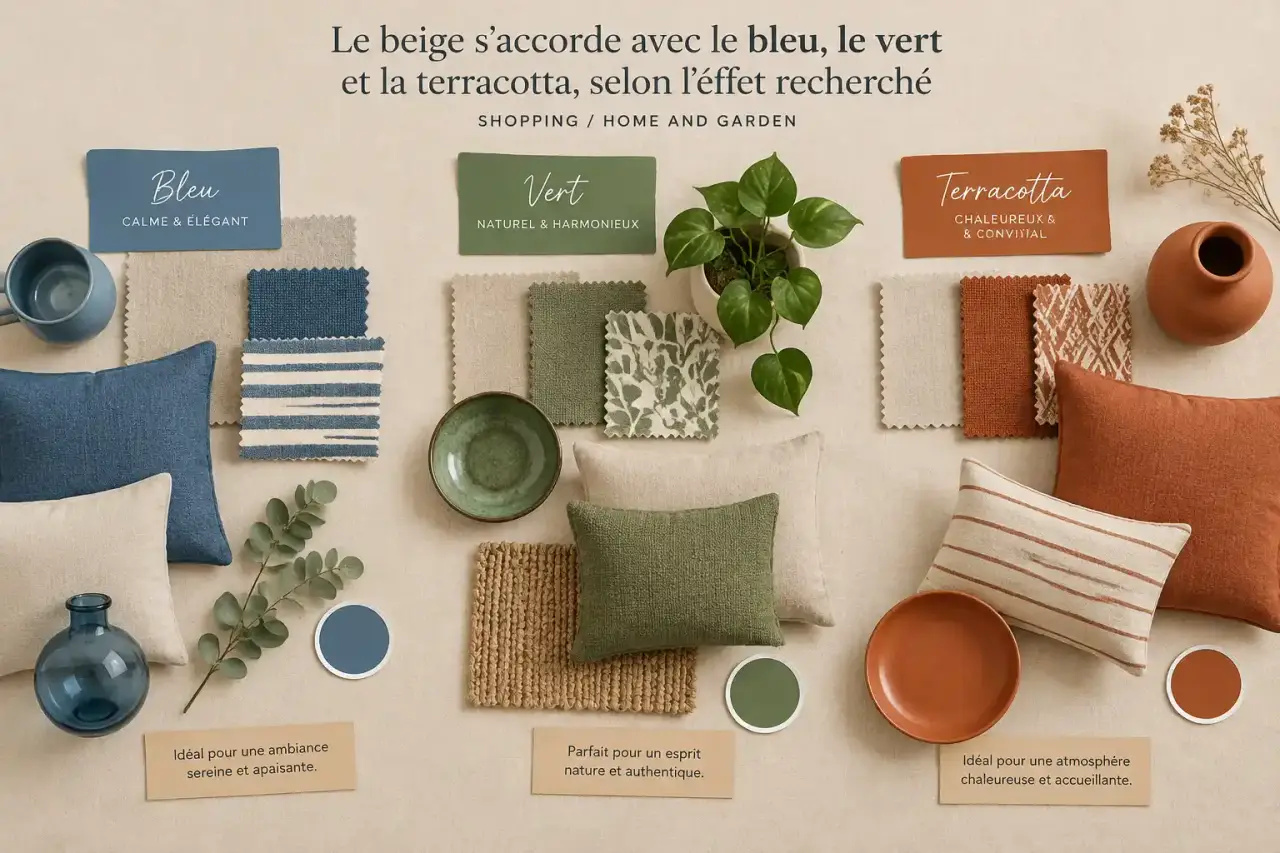 Le beige s’accorde avec le bleu, le vert et la terracotta, selon l’effet recherché
