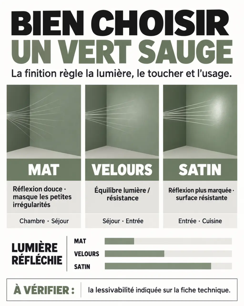 Infographie sur les finitions d'une peinture vert sauge selon les pièces